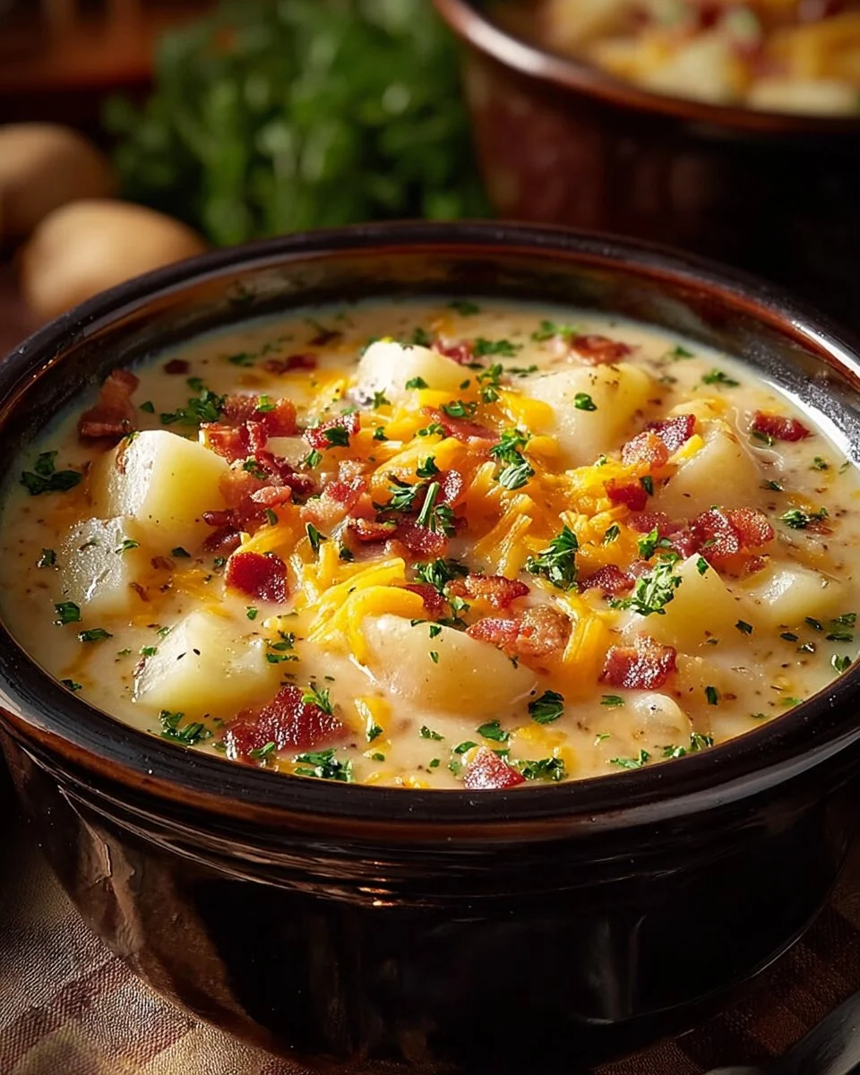 Crock Pot Crack Potato Soup in a bowl, topped with green onions and cheese
