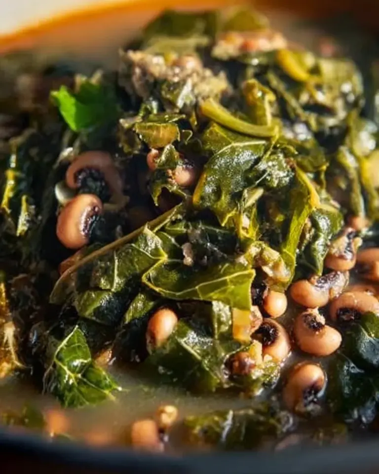Crockpot Black Eyed Peas and Collard Greens dish served in a bowl