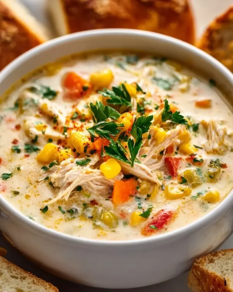 Delicious bowl of Crockpot Chicken Corn Chowder garnished with herbs