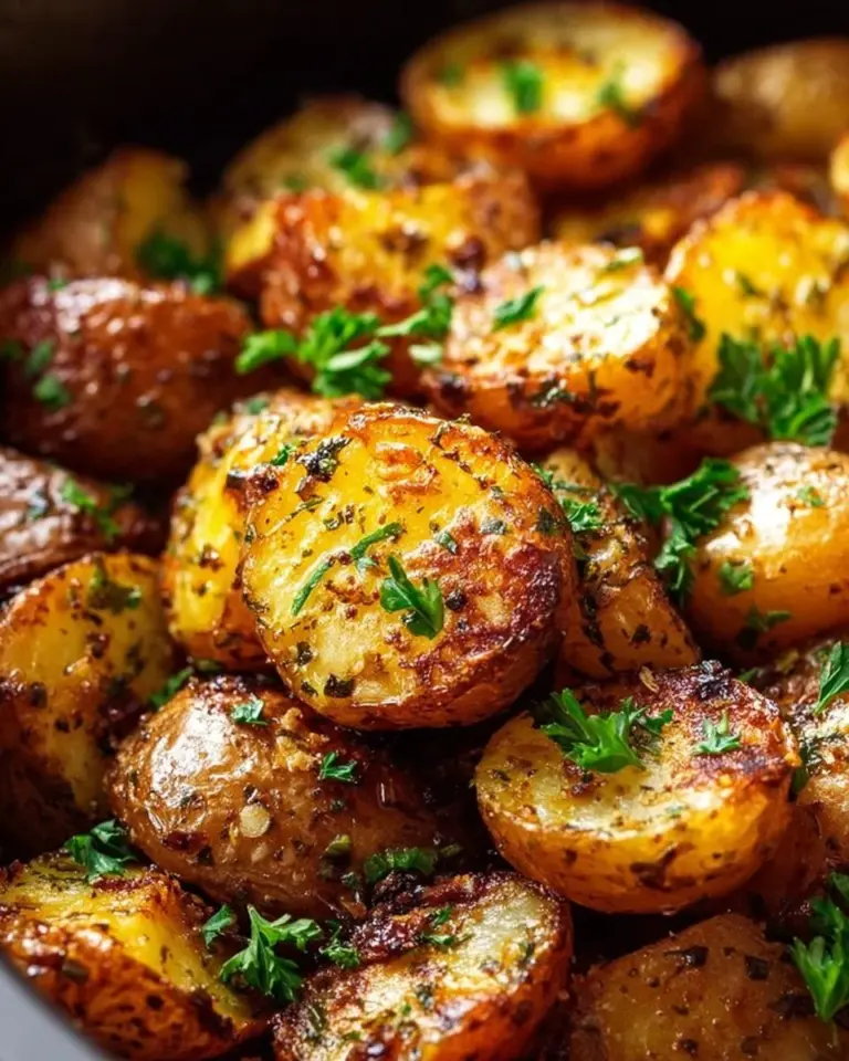 Crockpot Parmesan Roasted Potatoes in a bowl garnished with herbs
