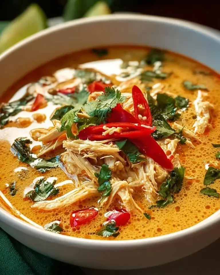 Crockpot Thai Coconut Chicken Soup garnished with cilantro and lime