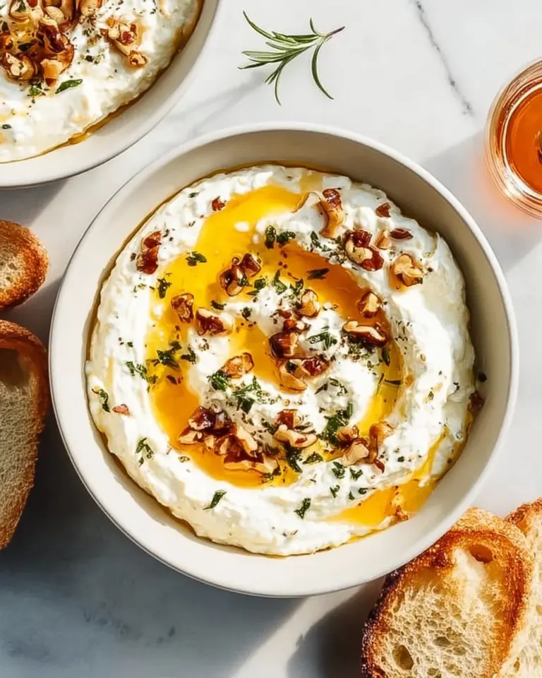 Delicious ricotta dip drizzled with hot honey served in a bowl