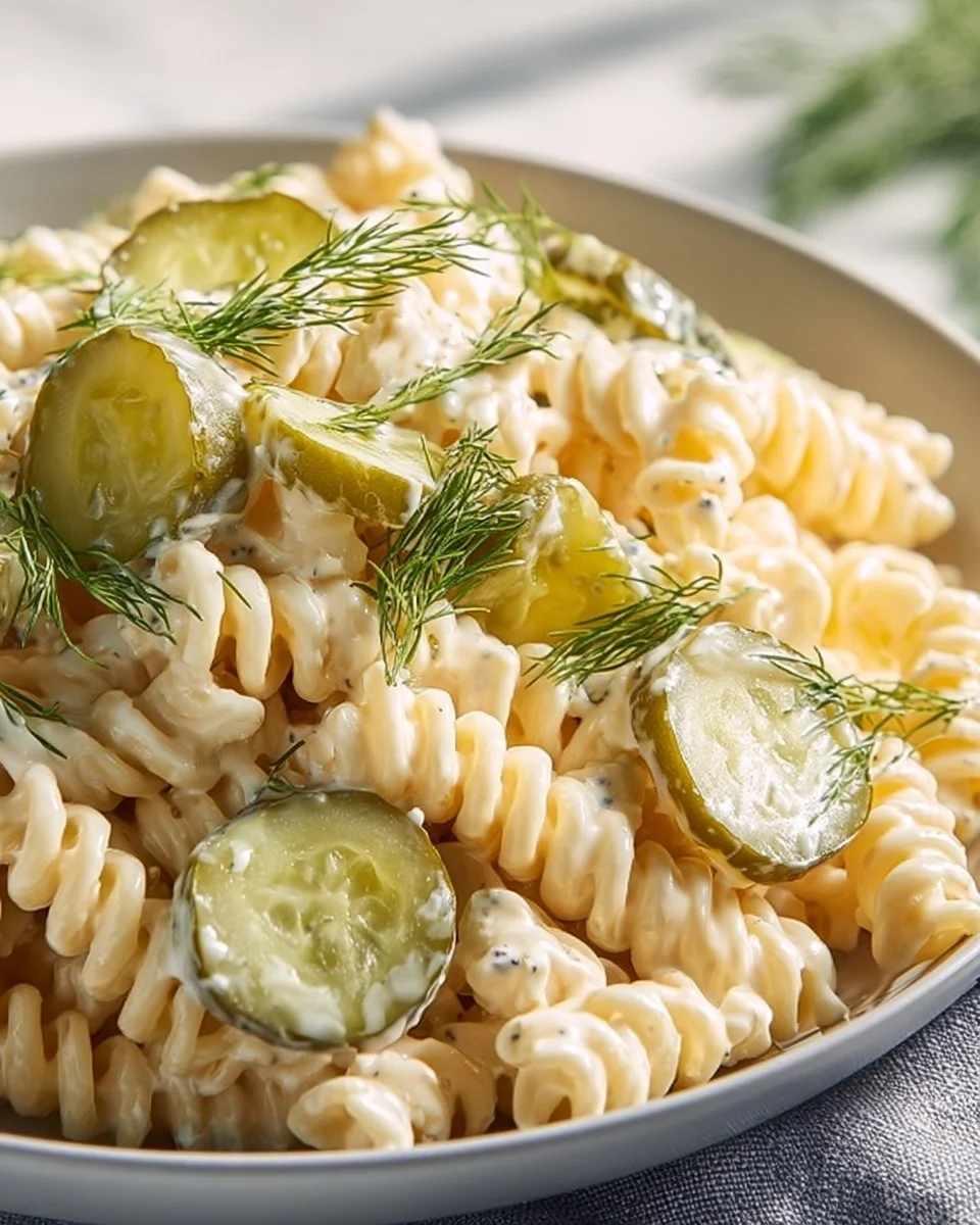 Delicious dill pickle pasta salad served in a bowl, ideal for summer meals.