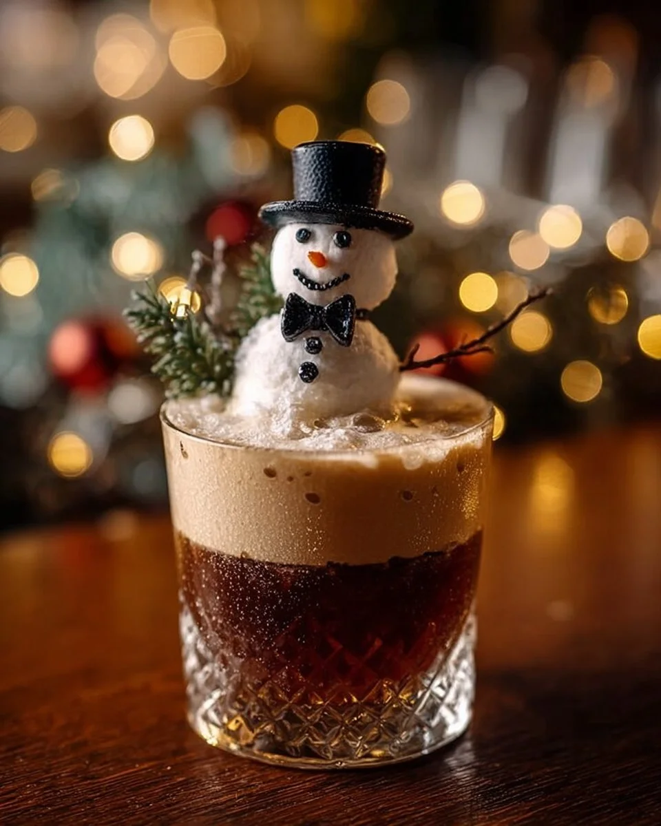 Dirty Snowman cocktail served in a glass with whipped cream and a festive garnish