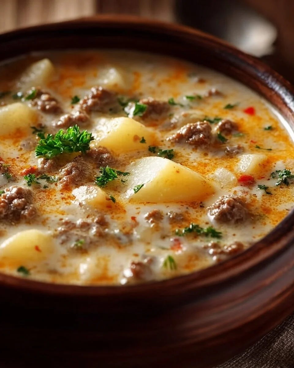 Bowl of Easy Cheesy Hamburger Potato Soup with cheese and potatoes.