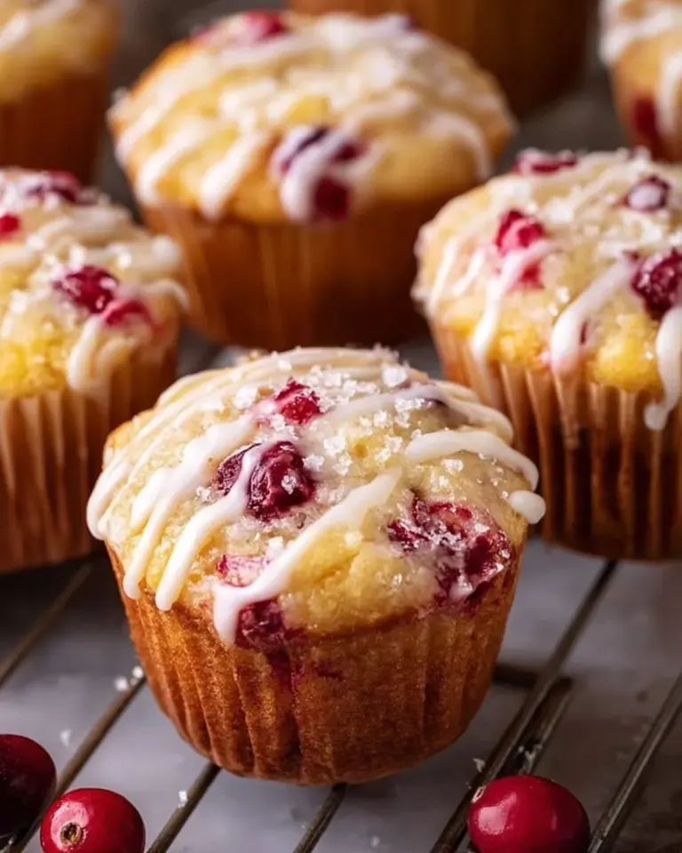 Freshly baked Christmas Cranberry Orange Muffins on a wooden table.