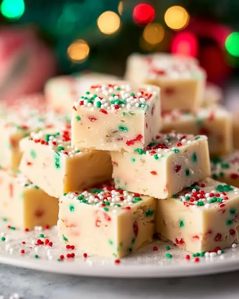 Deliciously colorful Easy Christmas Sugar Cookie Fudge slices on a festive plate.