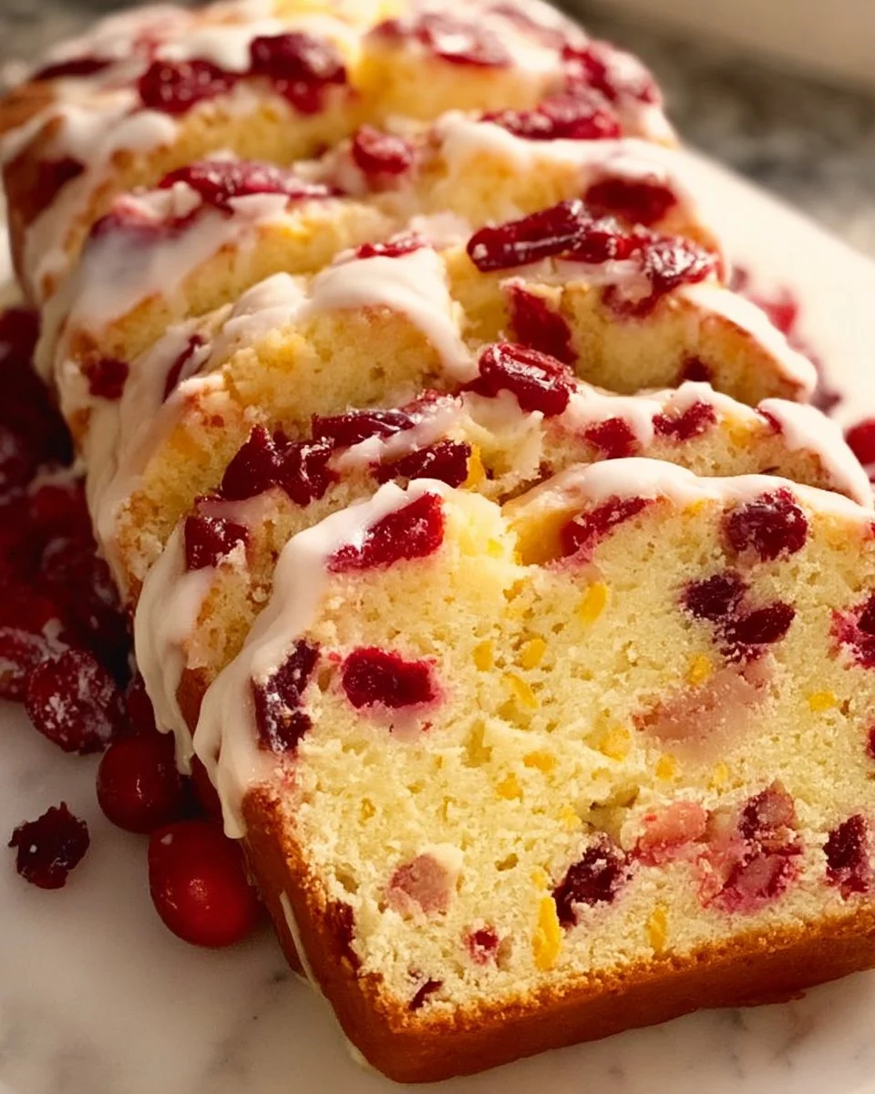 Sliced easy cranberry orange bread with orange glaze on a wooden table