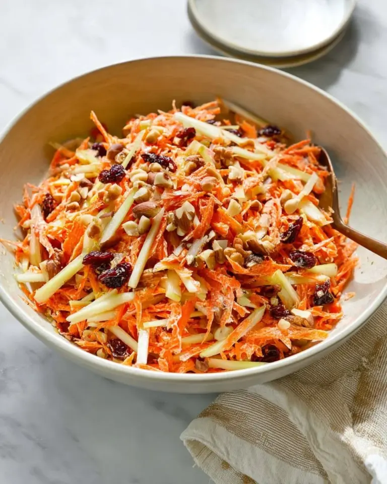 A bowl of Easy Creamy Carrot Raisin Salad topped with creamy dressing