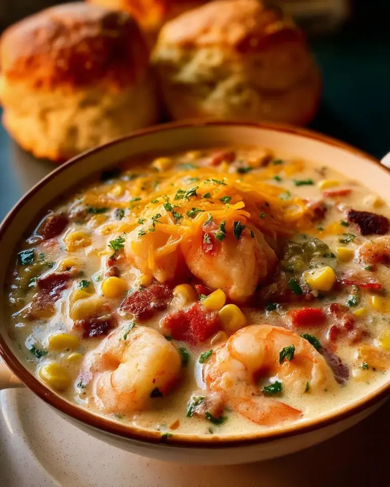 Bowl of creamy seafood chili with shrimp, garnished with fresh herbs