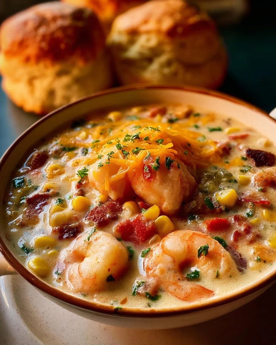 Bowl of creamy seafood chili with shrimp, garnished with fresh herbs