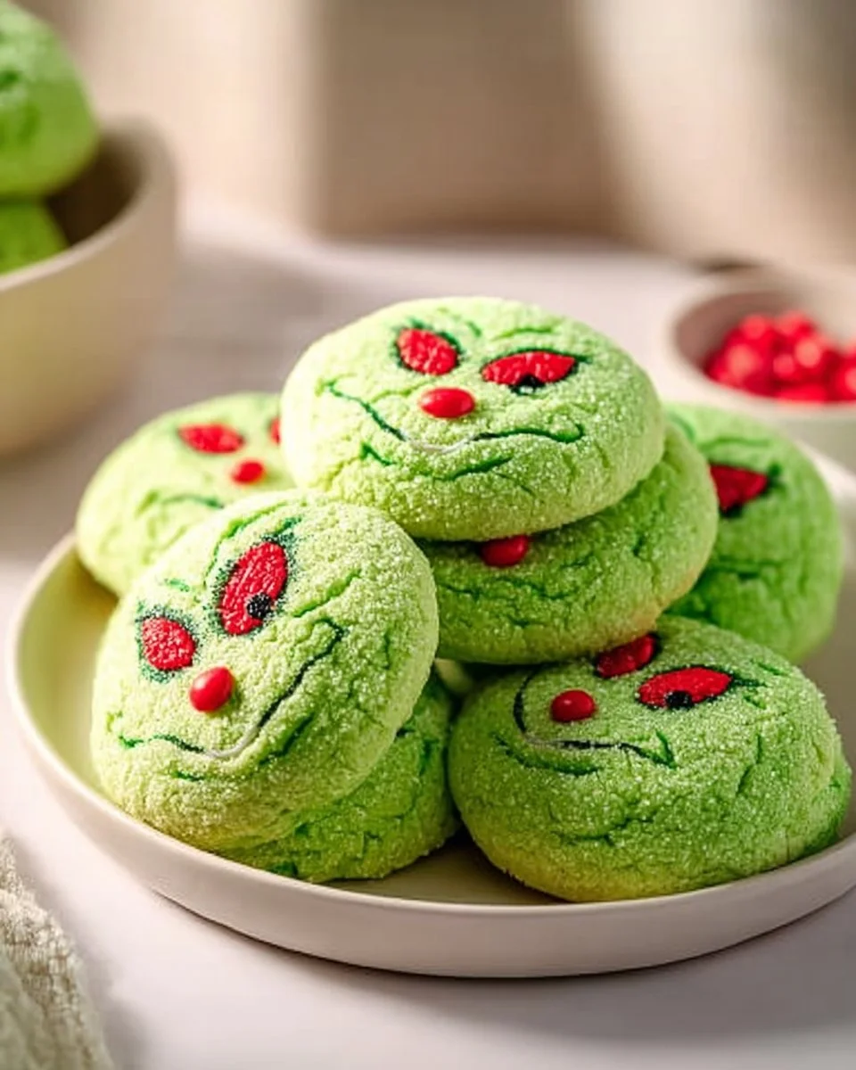 Batch of colorful, festive Grinch cookies fresh out of the oven