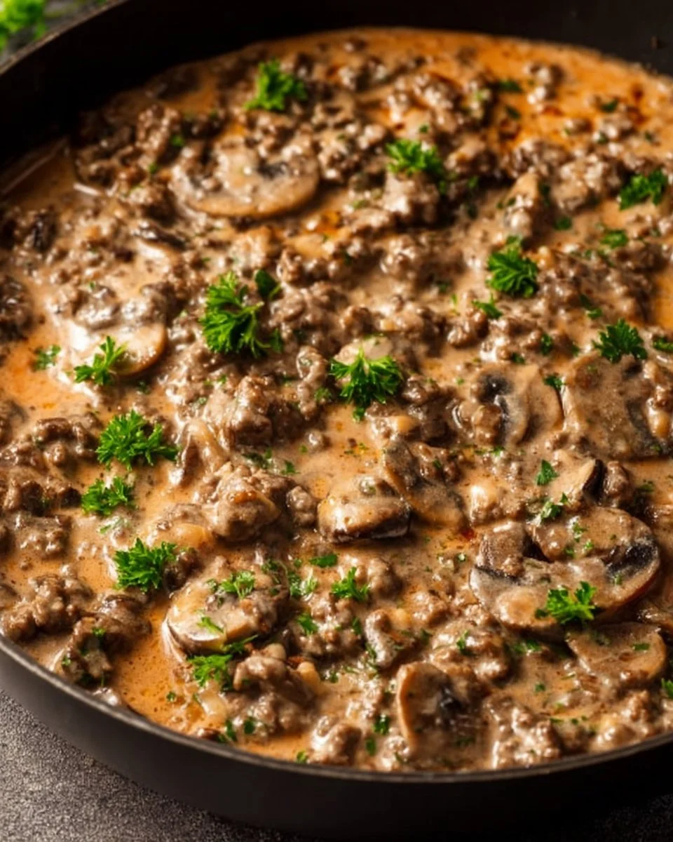 Creamy hamburger beef stroganoff served over egg noodles