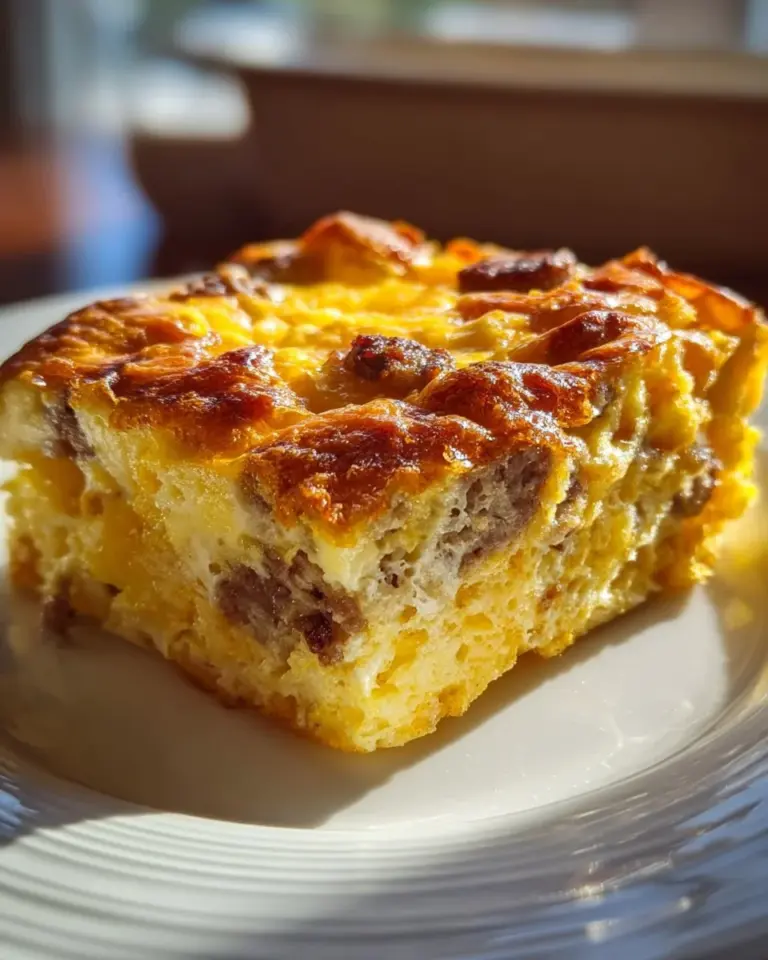 Delicious easy sausage and egg casserole served in a baking dish