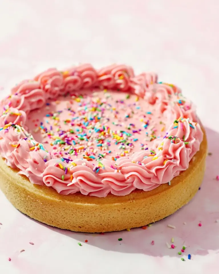 Delicious easy sugar cookie cake topped with frosting and sprinkles.