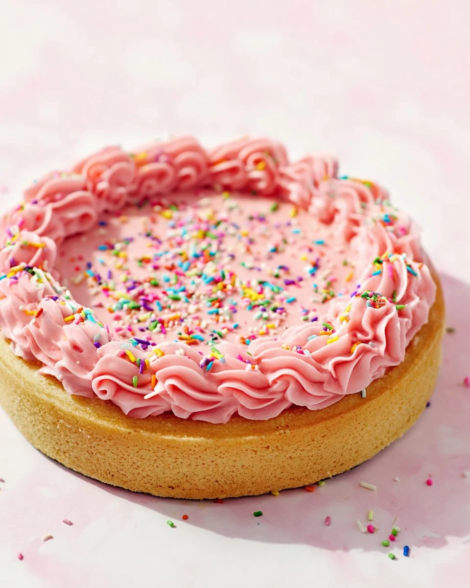 Delicious easy sugar cookie cake topped with frosting and sprinkles.
