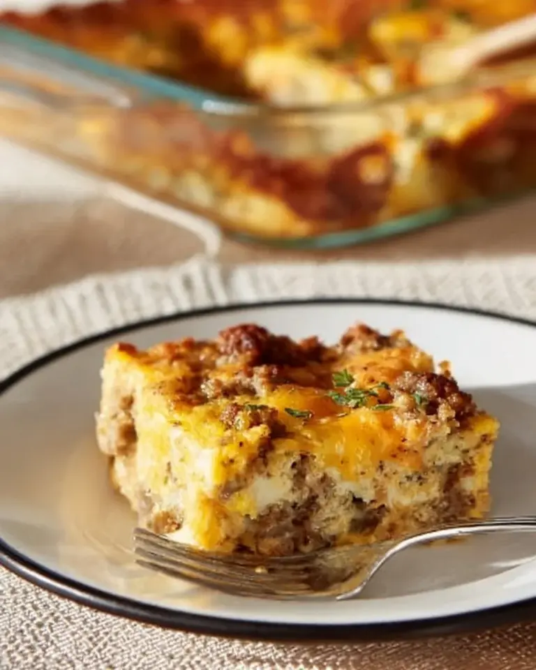 Egg Free Sausage Hash Brown Breakfast Bake with sausage and crispy hash browns