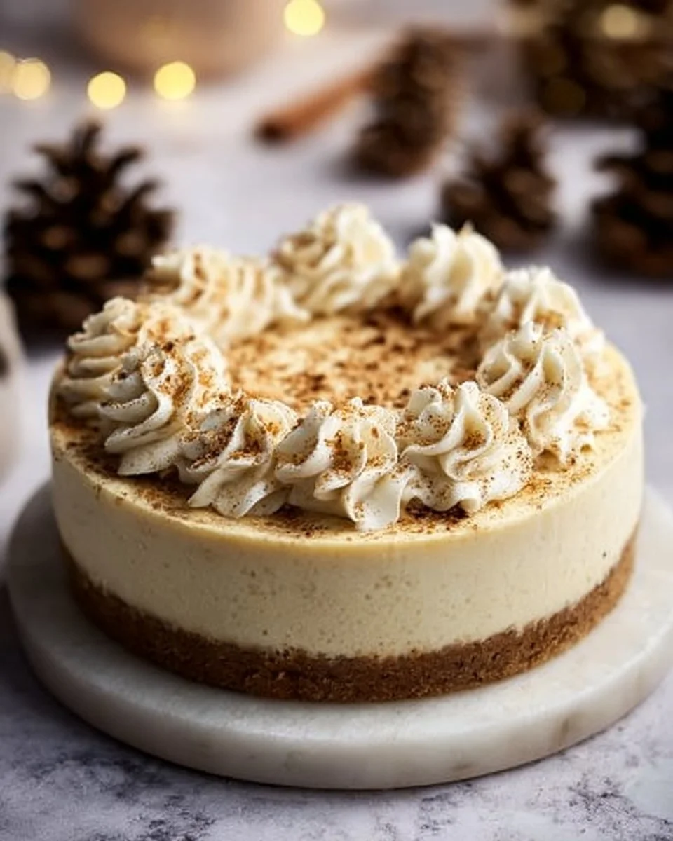 Delicious slice of Eggnog Cheesecake with holiday decorations