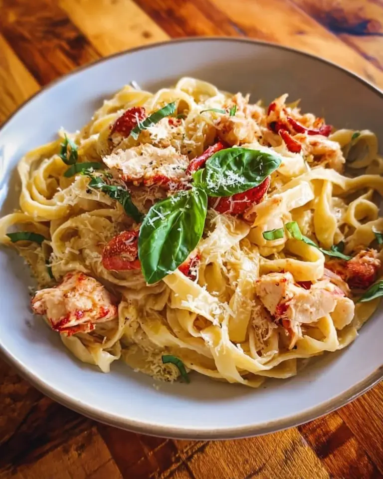 Plate of elegant lobster pasta garnished with fresh herbs and herbs
