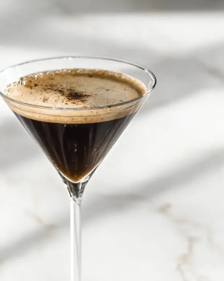A delicious Espresso Martini cocktail garnished with coffee beans.