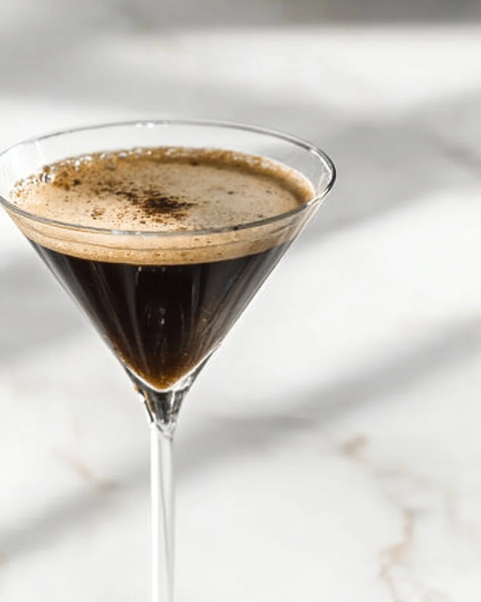 A delicious Espresso Martini cocktail garnished with coffee beans.