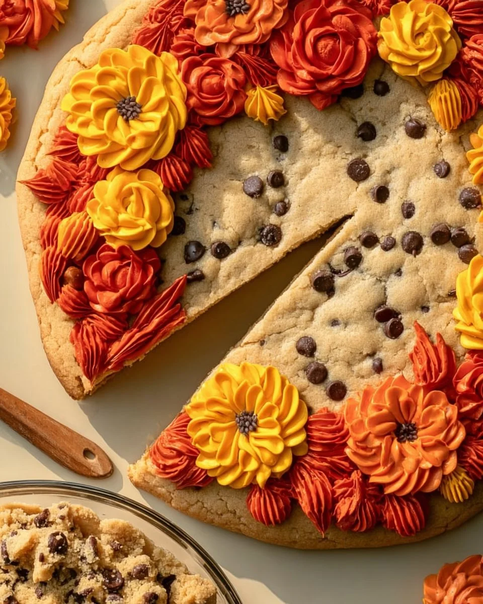A delicious Fall Cookie Cake topped with seasonal decorations and flavors