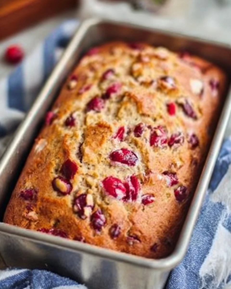 Festive Cranberry Orange Nut Bread fresh out of the oven, garnished with nuts.