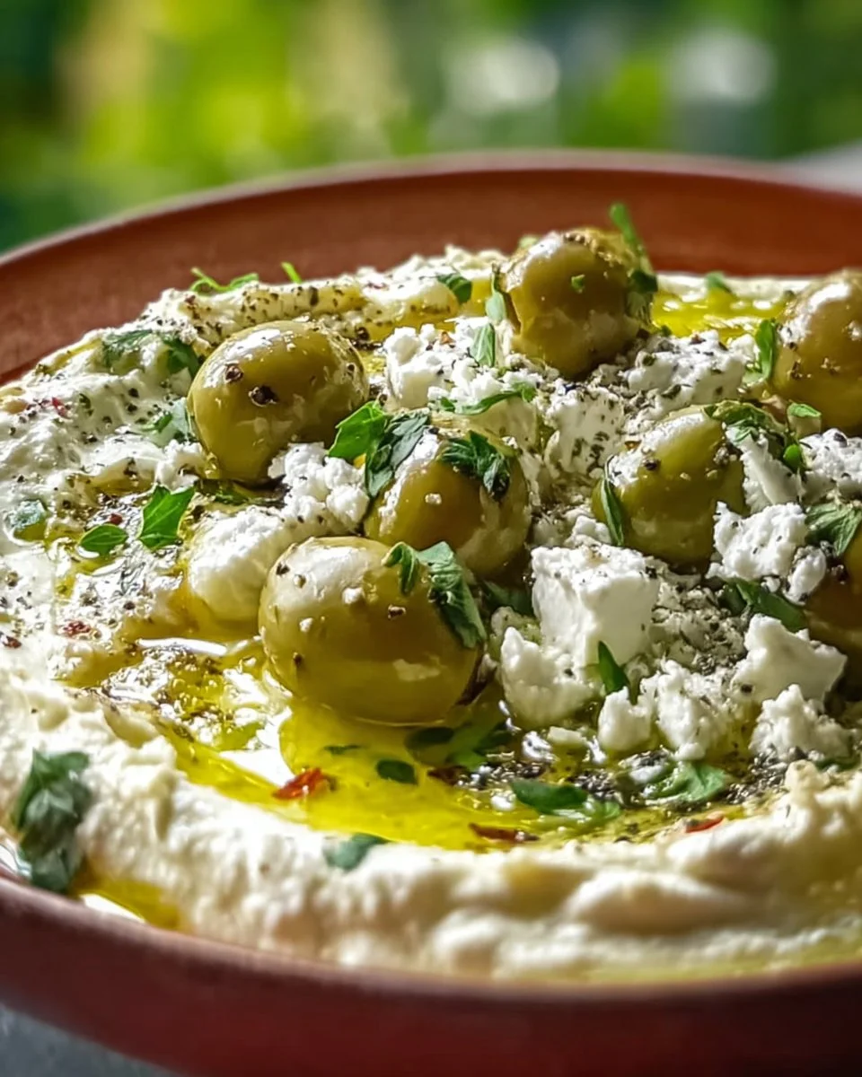 Delicious Feta Olive Dip served with fresh vegetables and pita bread