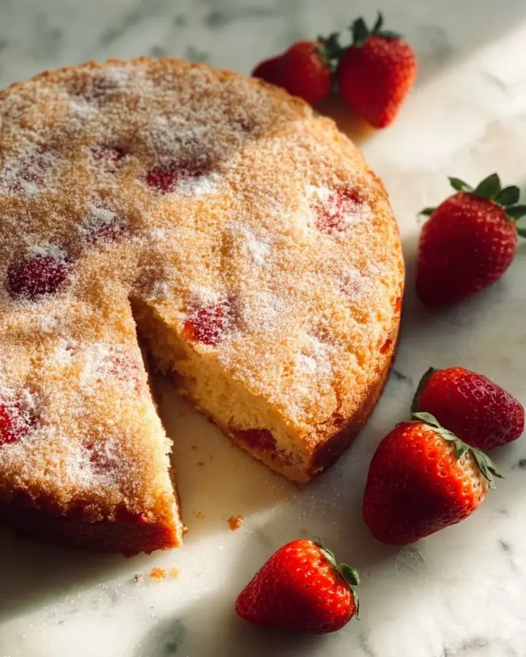 Delicious French strawberry cake topped with fresh strawberries and cream