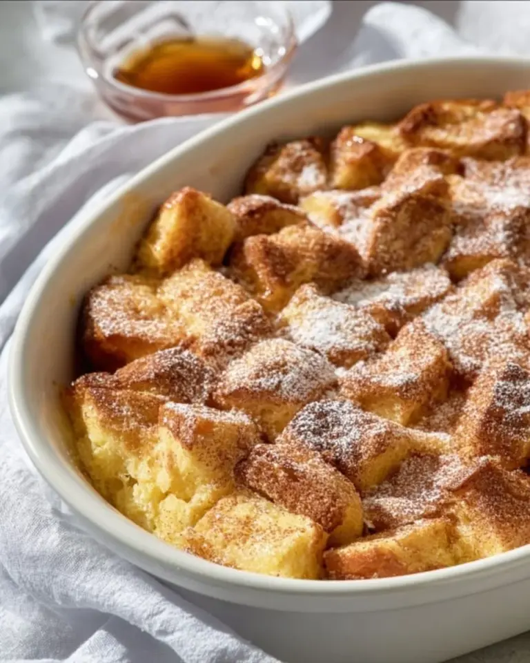 Delicious French Toast Casserole topped with syrup and fresh berries