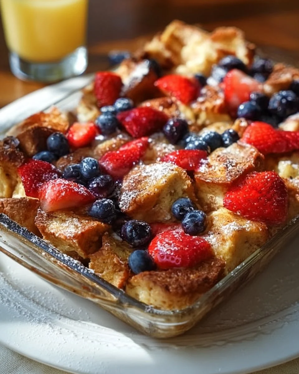 Delicious French Toast Casserole served with syrup and berries