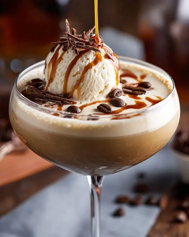 French Vanilla Espresso Martini with creamy foam and coffee beans garnish