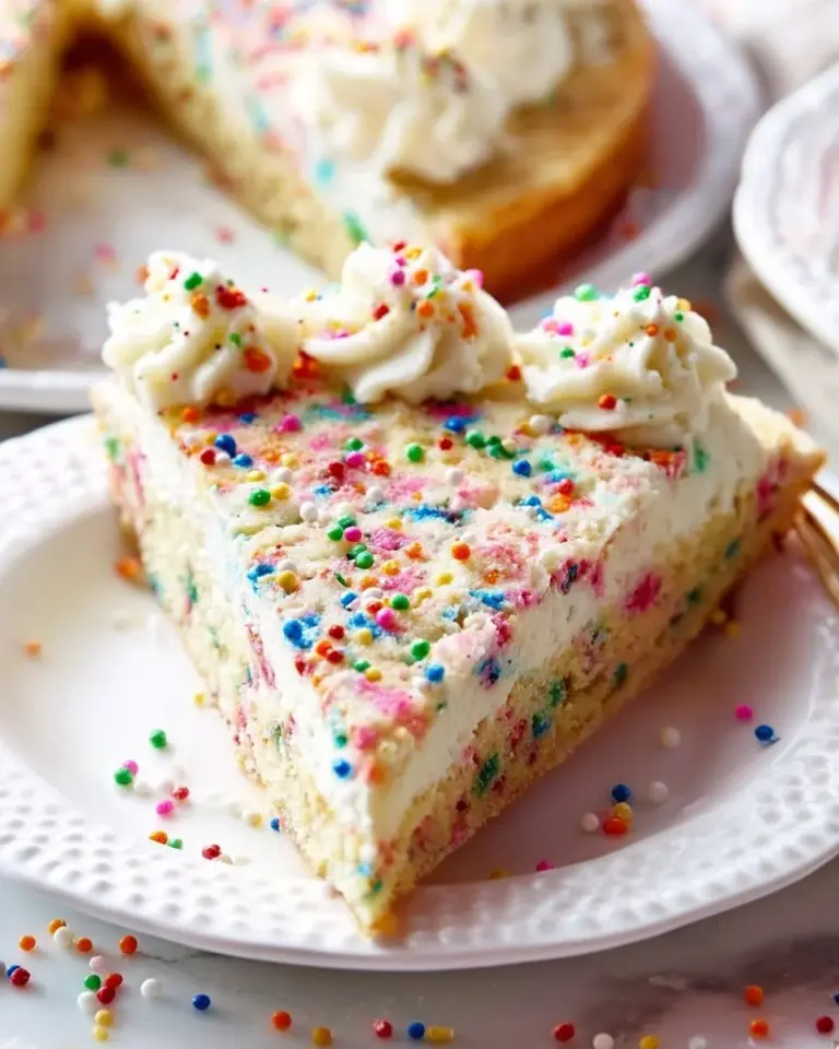 Delicious Funfetti Cookie Cake topped with colorful sprinkles