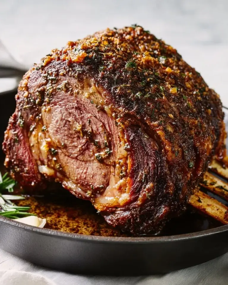 Delicious Garlic Herb Prime Rib served with fresh herbs and seasoning