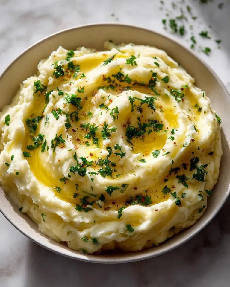 Delicious garlic mashed potatoes served with herbs and butter