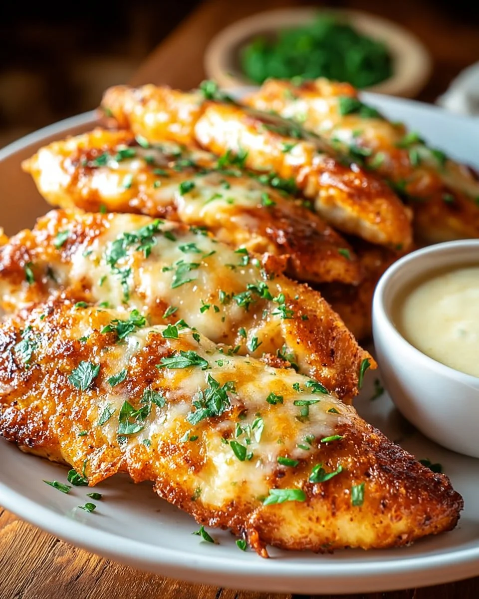 Crispy Garlic Parmesan Chicken Tenders served with a side of dipping sauce