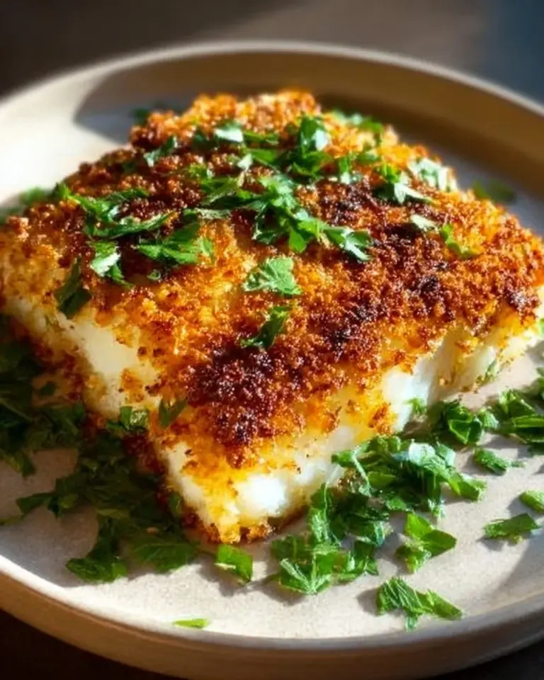 Garlic Parmesan Crusted Halibut plated with herbs and lemon