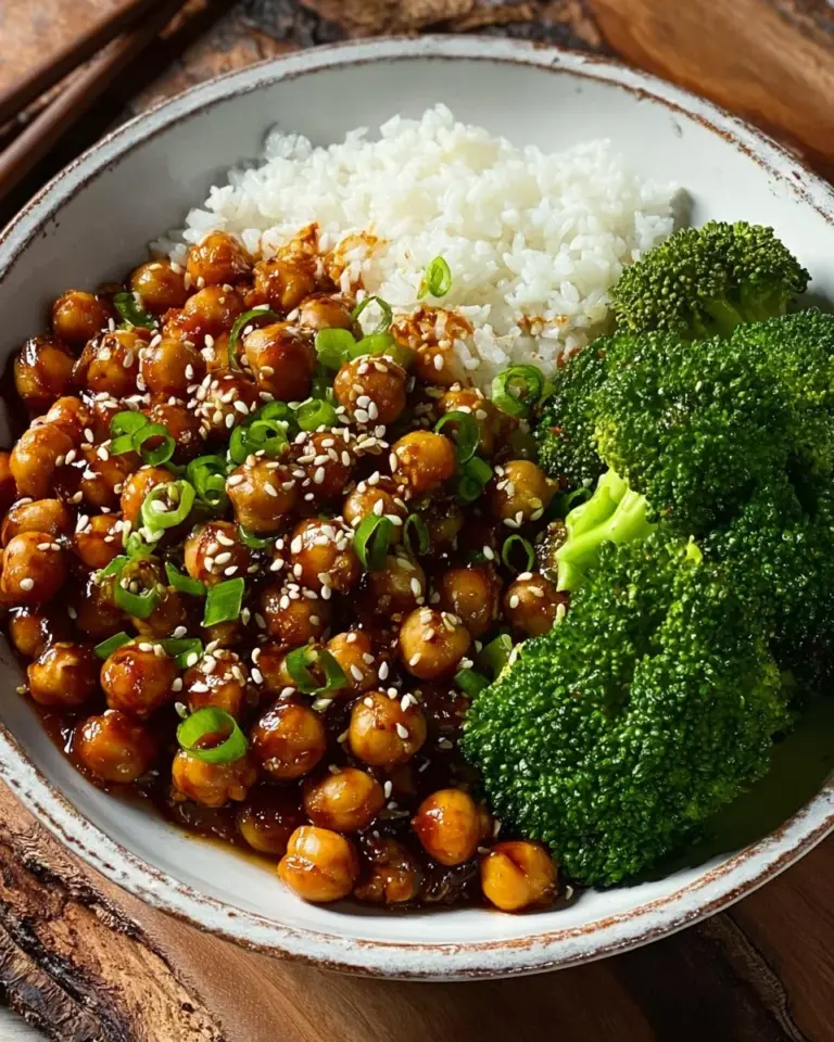 Deliciously spicy General Tso's Chickpeas served in a bowl with herbs