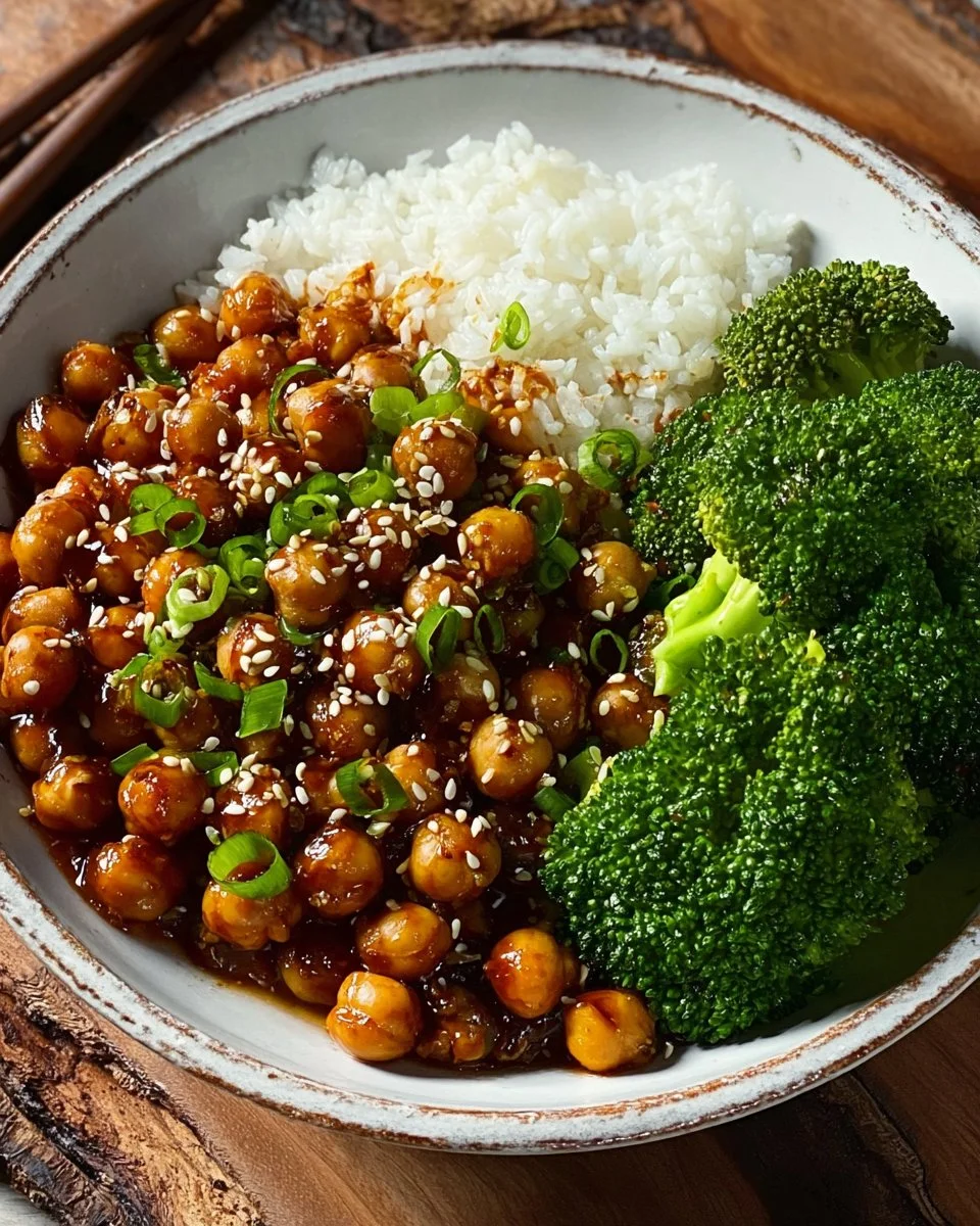 Deliciously spicy General Tso's Chickpeas served in a bowl with herbs