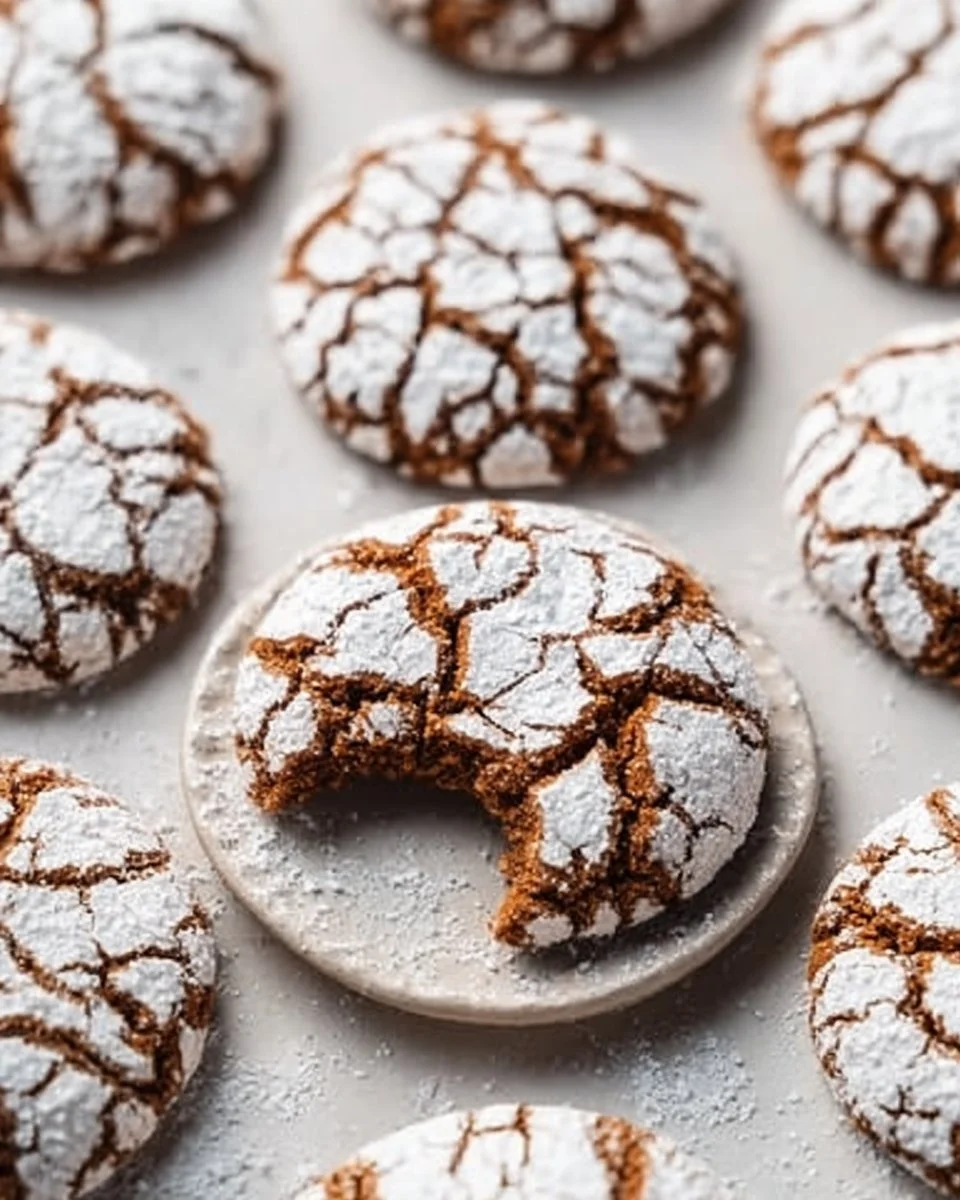 Freshly baked gingerbread crinkle cookies dusted with powdered sugar.