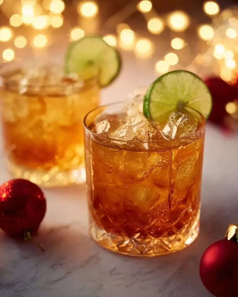 A festive glass of Gingerbread Rum Punch garnished with spices and gingerbread cookies