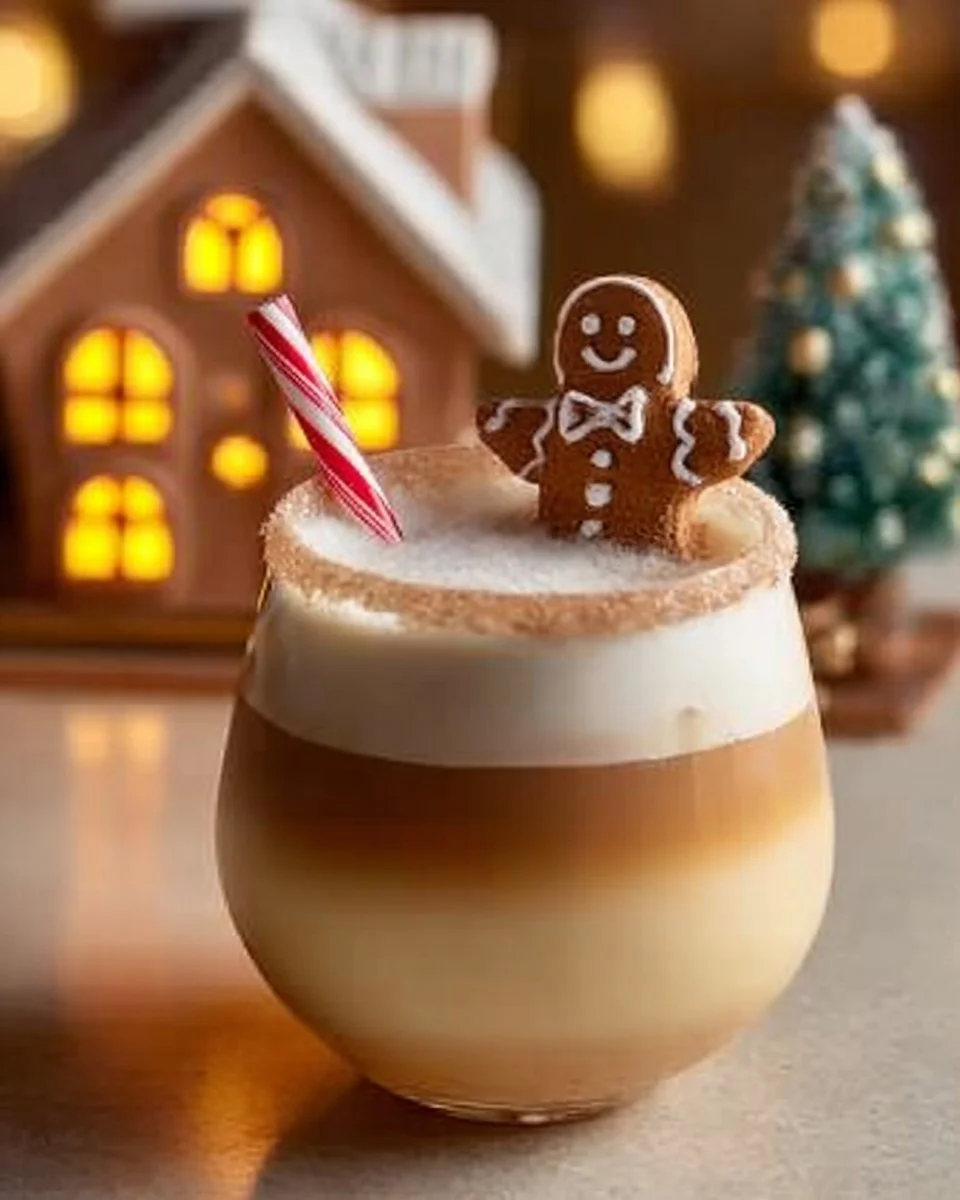 Delicious Gingerbread White Russian cocktail garnished with festive decorations.