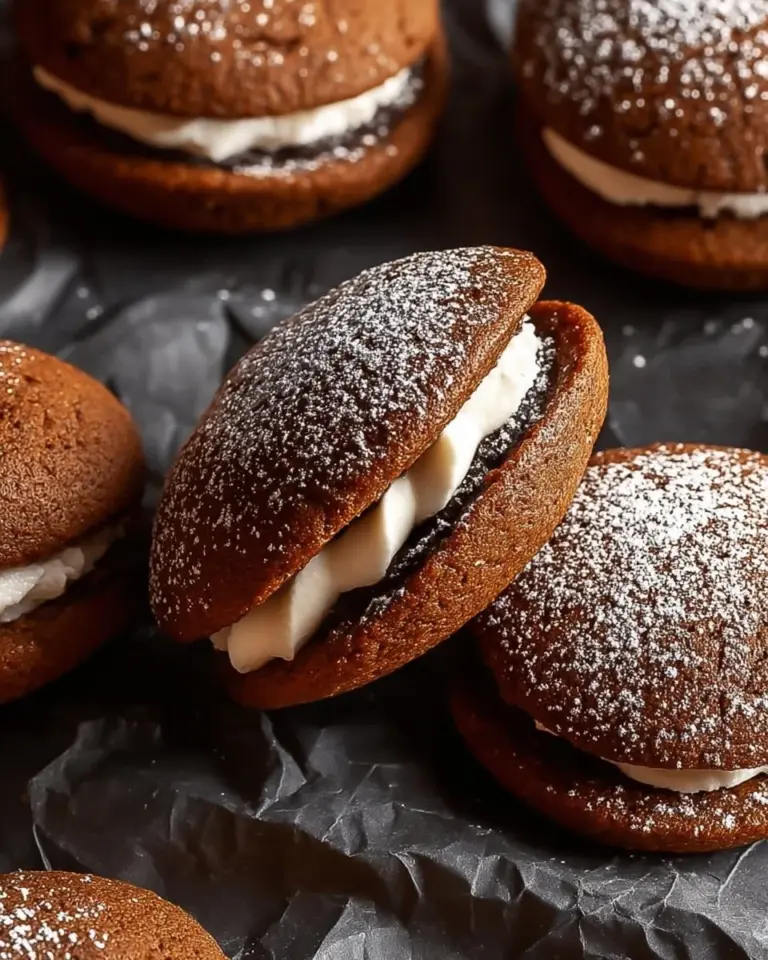 Gingerbread whoopie pies stacked on a plate with cream filling