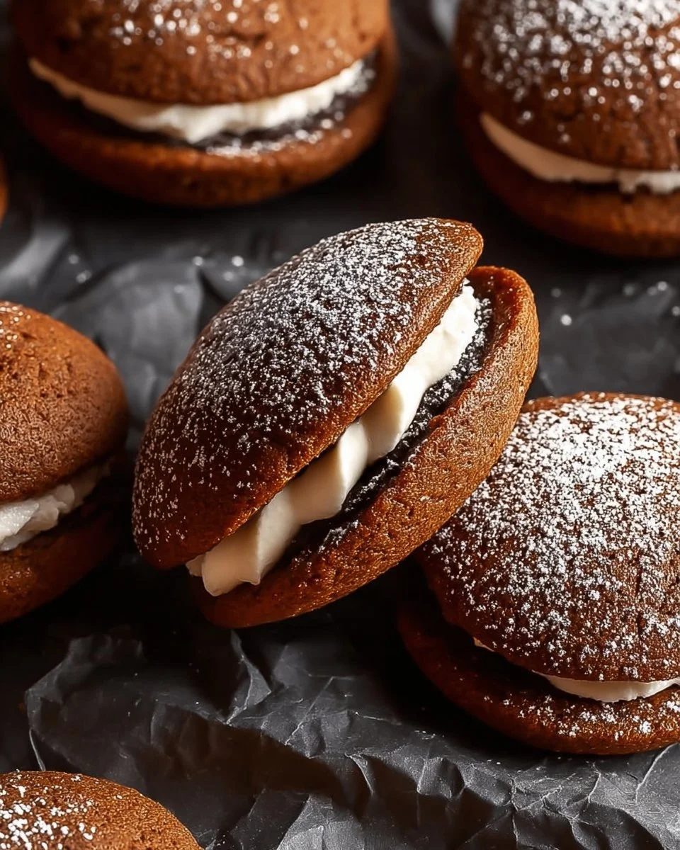 Gingerbread whoopie pies stacked on a plate with cream filling