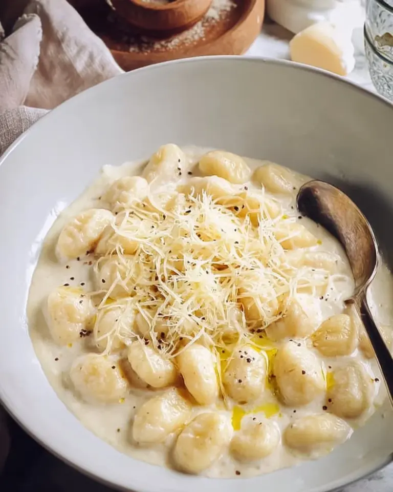 A delicious serving of Gnocchi Truffle Alfredo topped with fresh herbs.
