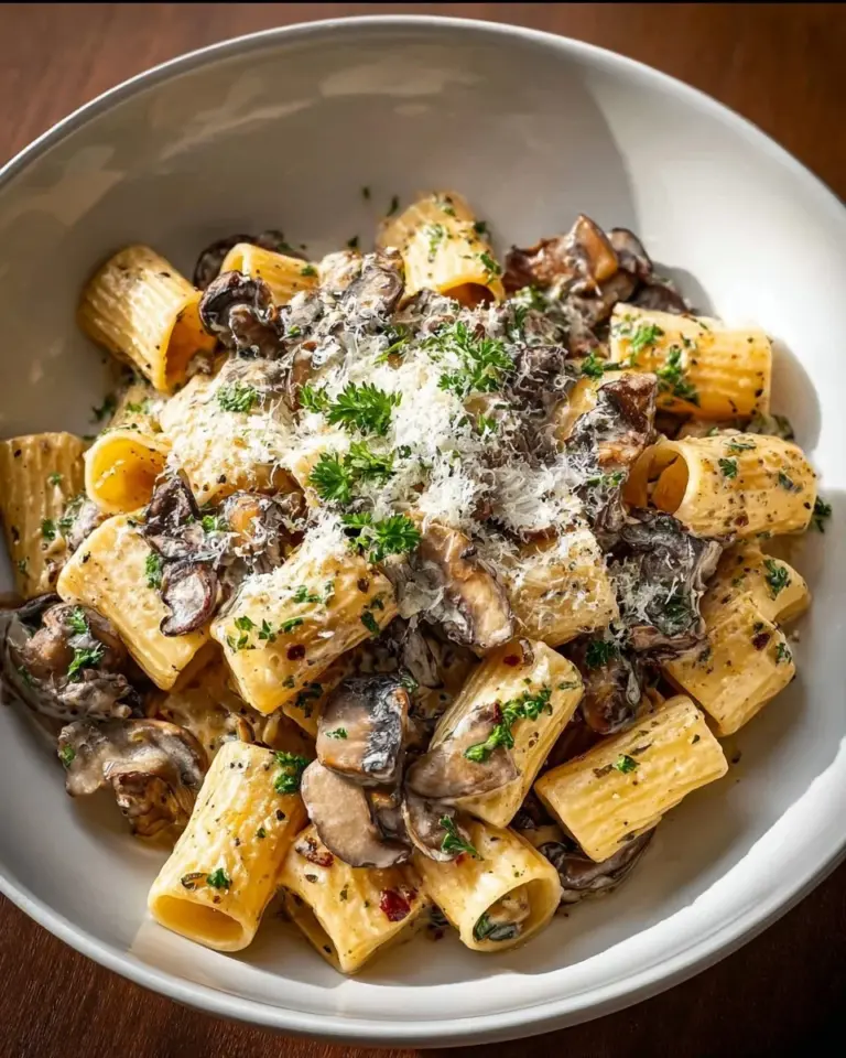Gorgonzola truffle cream mushrooms served in a bowl garnished with herbs
