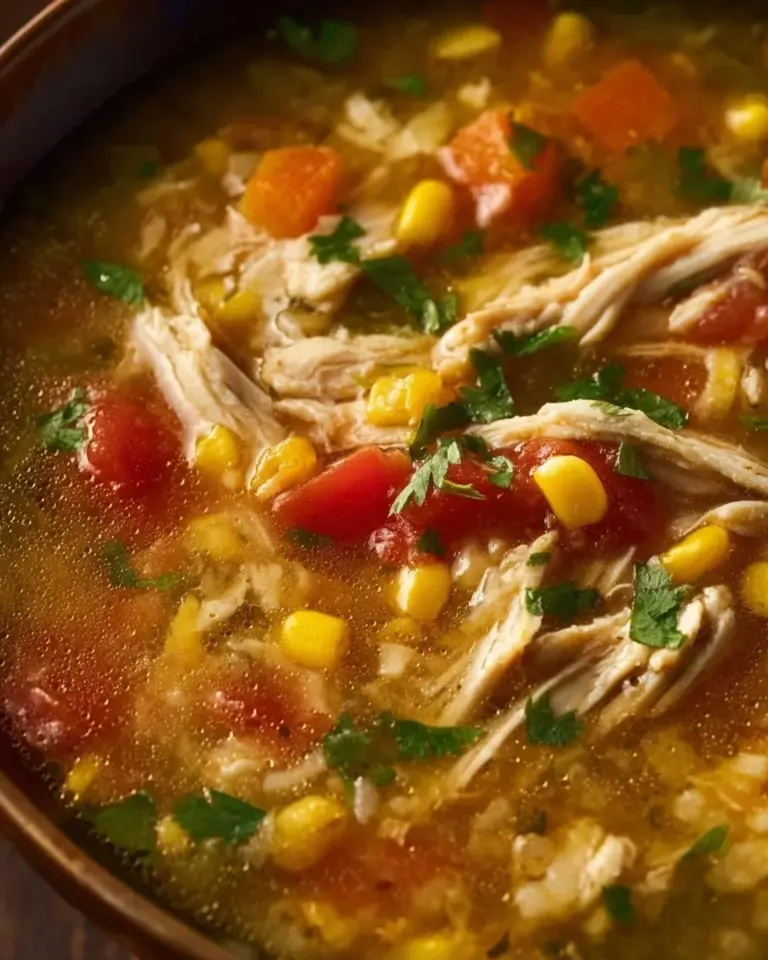 Delicious bowl of Green Chile Chicken Stew garnished with fresh herbs.