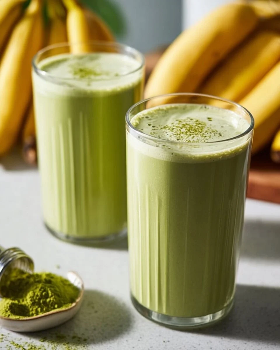 Healthy green matcha smoothie in a glass with fresh ingredients