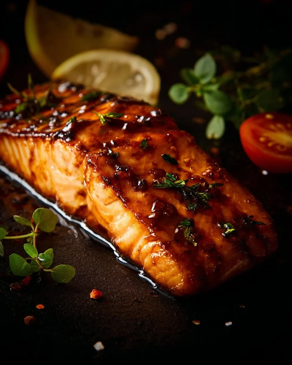Grilled honey glazed salmon fillet garnished with herbs