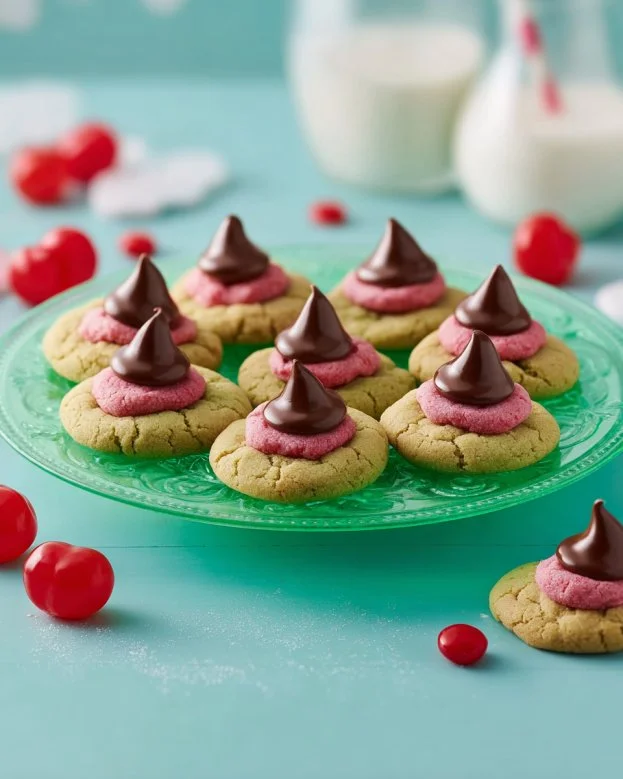 Delicious Grinch Blossoms cookies decorated for the holiday season.